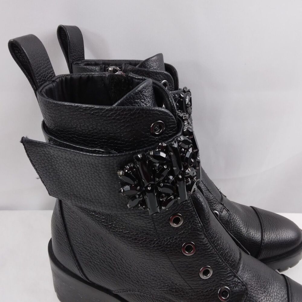 Karl Lagerfeld PIPPA Black Pebbled Leather Rhinestone Combat Boots Size 6M - Picture 2 of 16